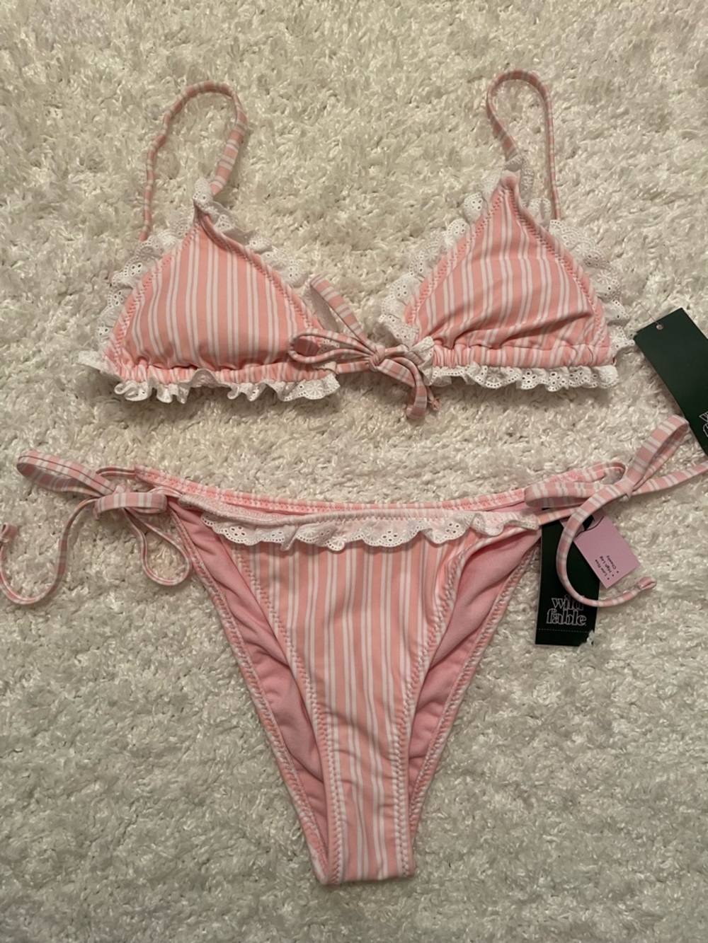 Wild Fable Pink Stripe with Eyelet Trim Bikini Top & Bottoms size S NWT